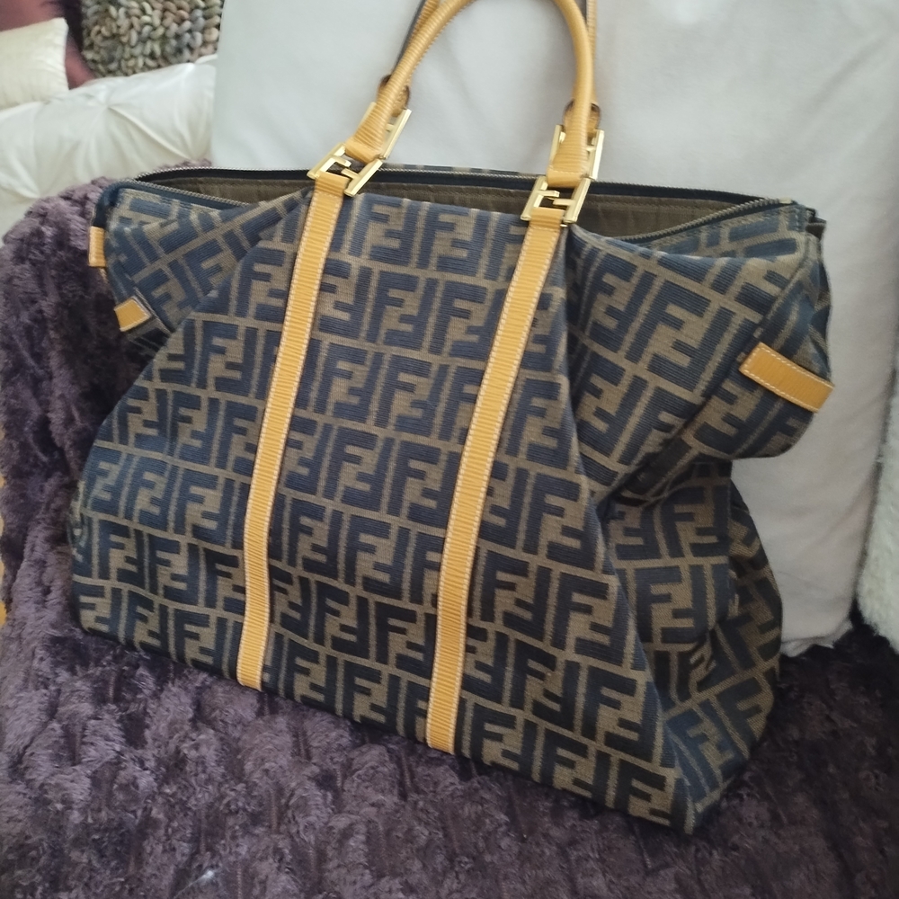 Vintage Fendi Brown Monogram Duffel with Yellow Leather Trim